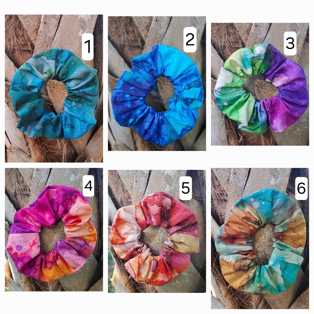 ONE Cotton Scrunchie Hair Tie Abstract Blue Purple Green Prints - Picture 1 of 16